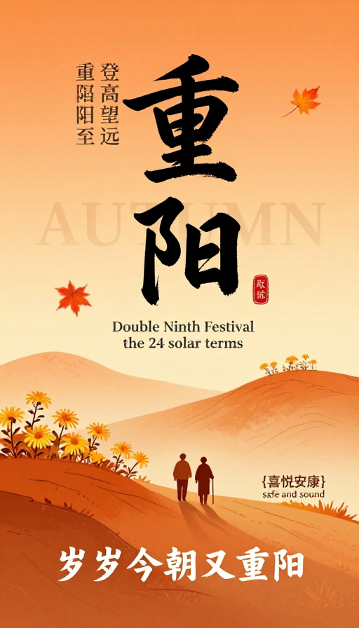 新中式水墨重阳插画：秋日温情与节日祝福