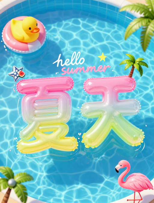 夏日清凉：粉色渐变‘夏天’艺术字漂浮泳池