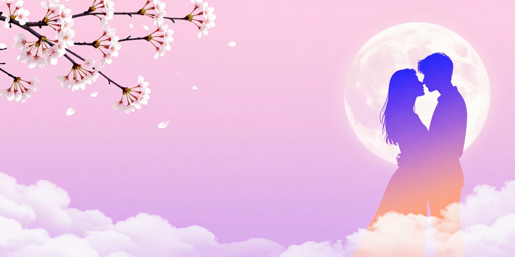 粉紫樱花浪漫情侣满月背景图