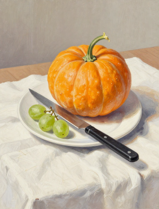 水粉静物写生:秋日餐桌上的南瓜葡萄与白萝卜