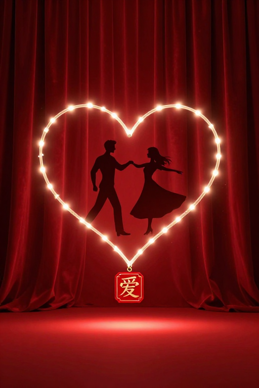 红韵情浓：光影心形剪影插画