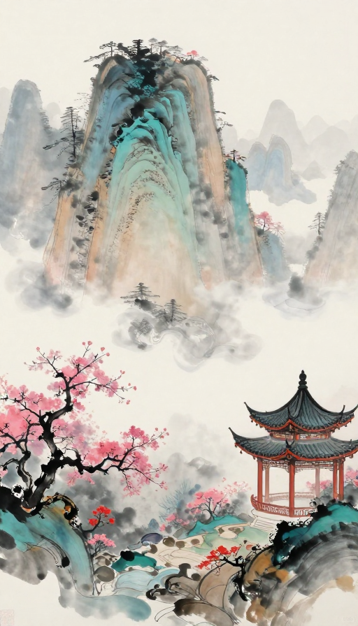 水墨仙山:云雾缭绕中的古典园林梦境