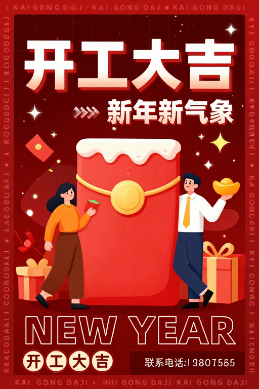 春节开工大吉主题商业海报，融合科技感与喜庆氛围