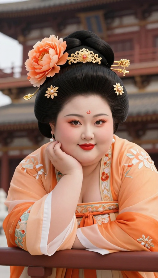 超现实唐代美姬：橙衣牡丹发饰古风肖像