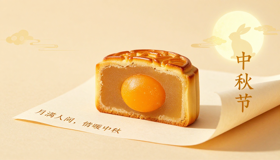 广式蛋黄莲蓉月饼特写,中秋佳节温暖氛围