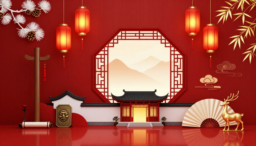 喜庆中式红景：传统建筑与祥云纹样融合