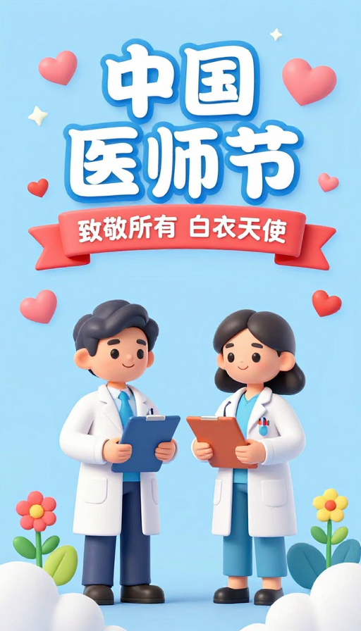 温馨3D卡通中国医师节致敬海报