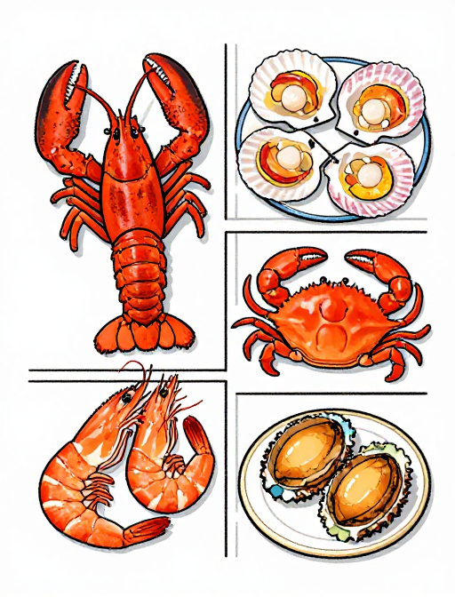 手绘海鲜盛宴：漫画风格美食插画