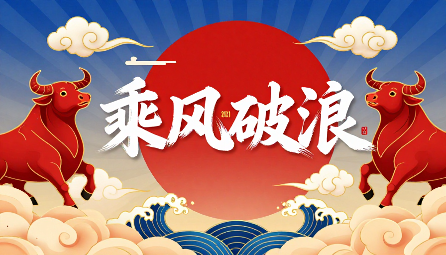 中国风新年贺岁海报:乘风破浪牛年生肖插画