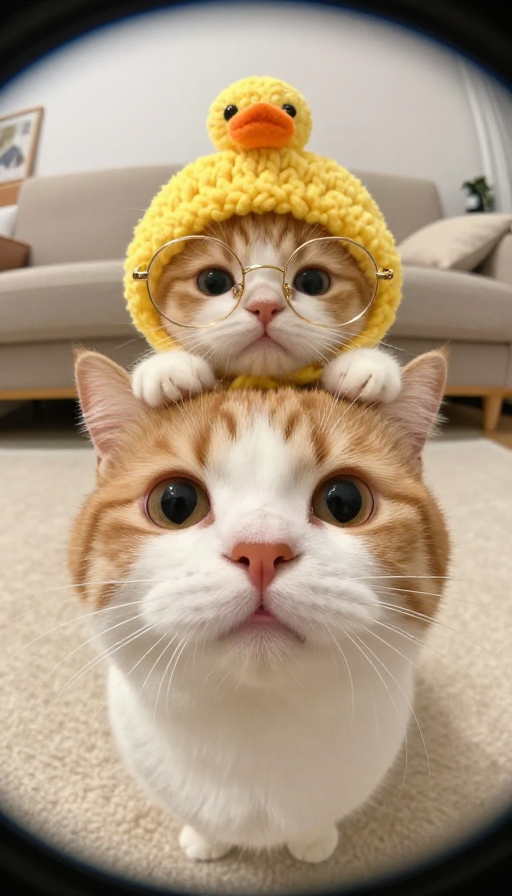 双猫萌态：戴鸭帽橘白与金丝眼镜奶猫鱼眼特写