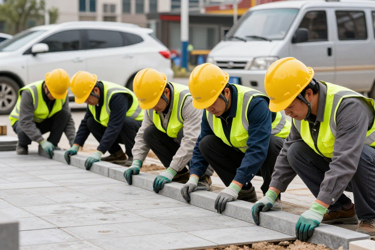 五名工人专注铺设灰色地砖的市政施工实拍
