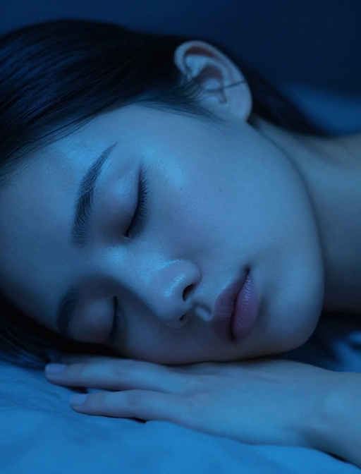 钴蓝光影下的静谧美：熟睡女子的面部特写