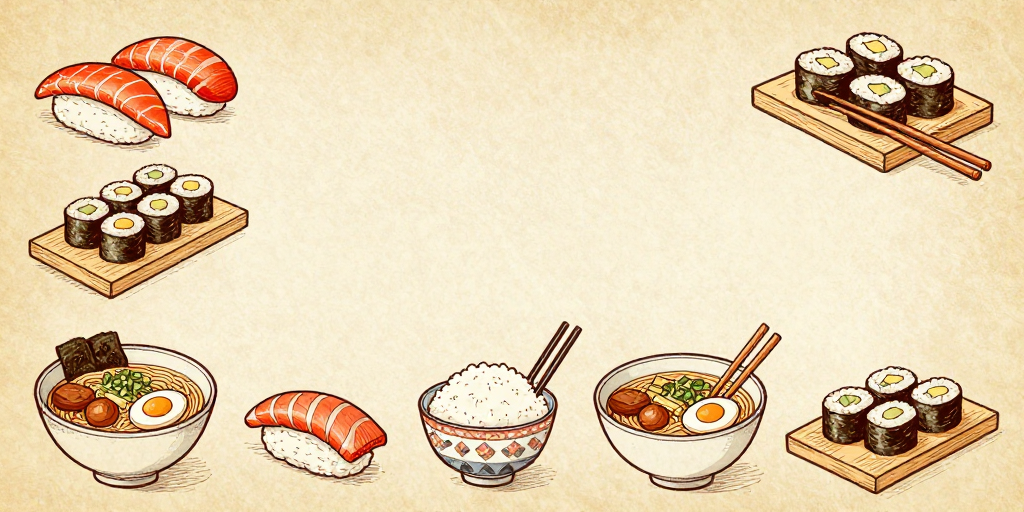 日式料理手绘背景 留白设计寿司拉面环绕
