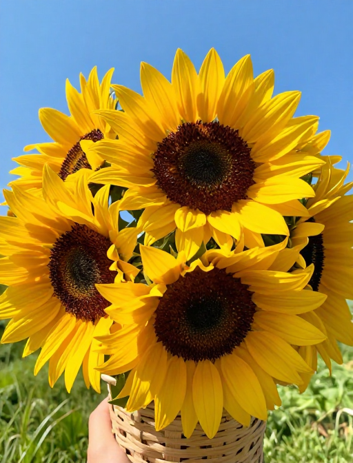 阳光下的向日葵花篮特写，清新自然色彩