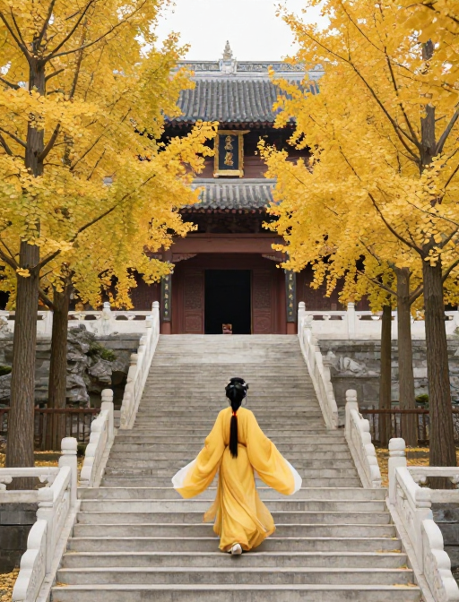 深山古建与千年银杏:古风女子的秋日漫步