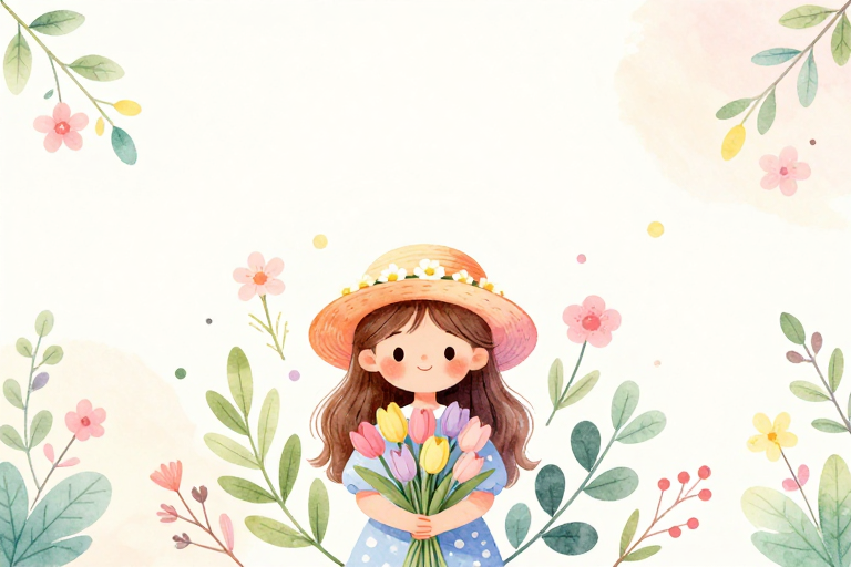 梦幻水彩插画：微笑女孩与春日花束的温馨场景