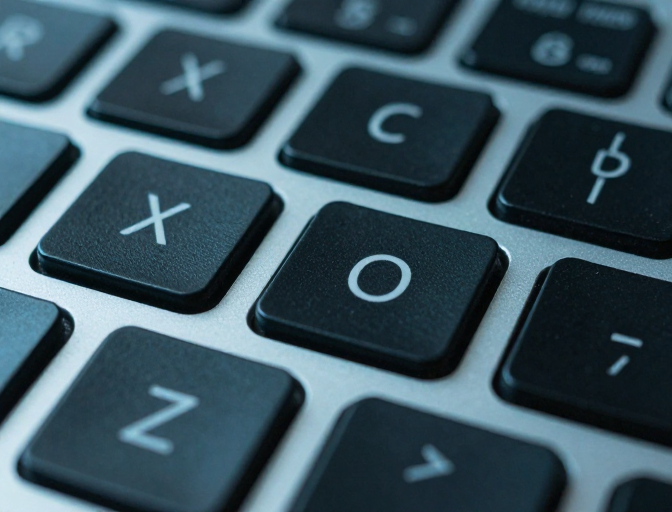 黑色键盘特写：X与O字符的冷调金属质感