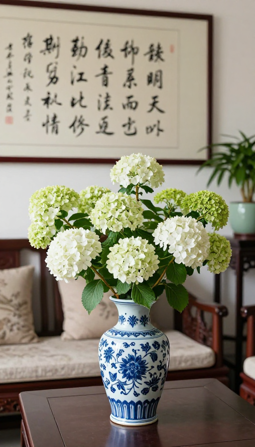中式古典客厅，青花瓷配满树绣球与古诗墙景