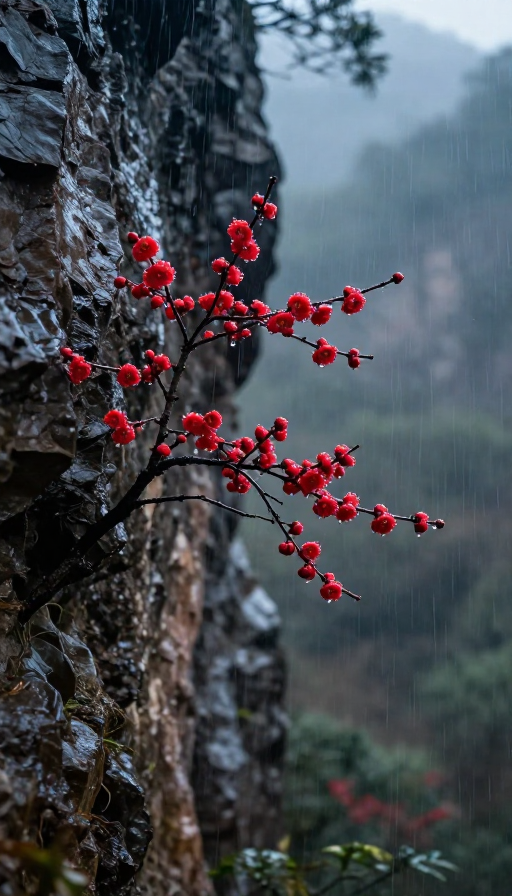 雨中山崖古梅绽放 晶莹剔透的红色杰作
