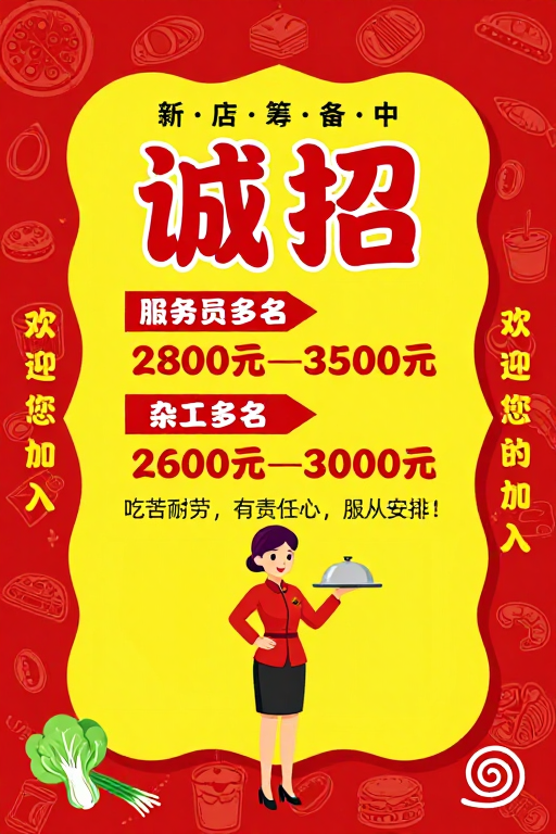 红色手绘食品背景餐饮招聘海报