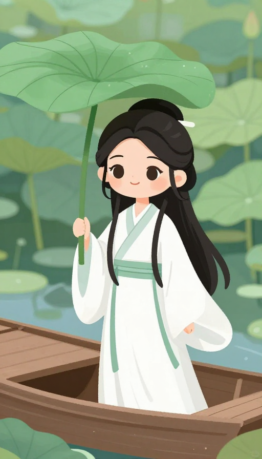 古风少女荷叶伞：清荷船行诗意画卷
