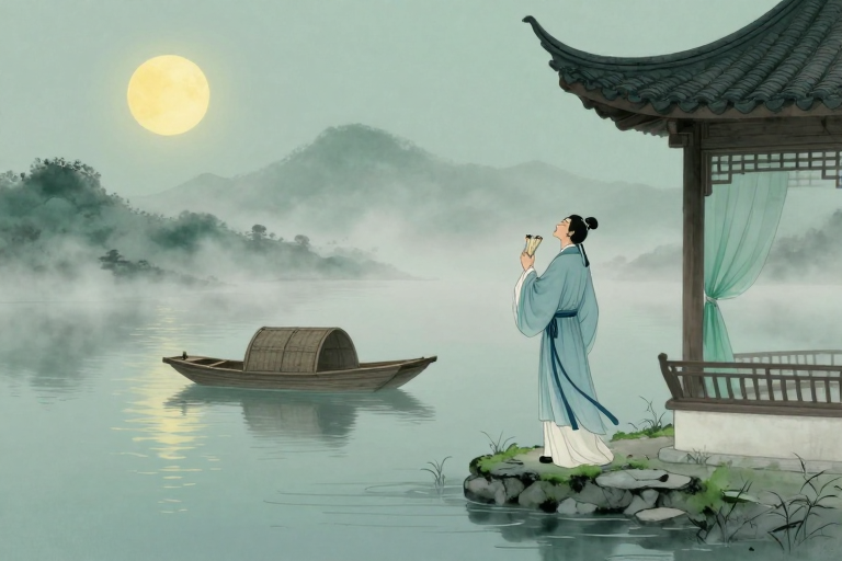 水墨夜泊：青灰月下的古风诗境