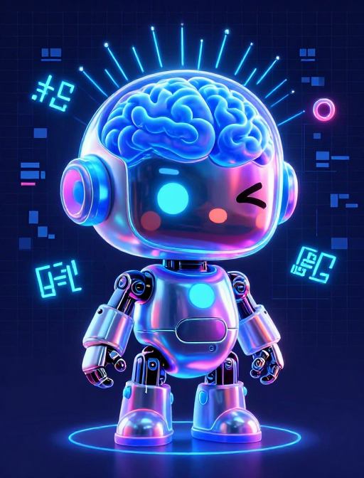 霓虹AI机器人：量子脑波与Q版科幻风插画
