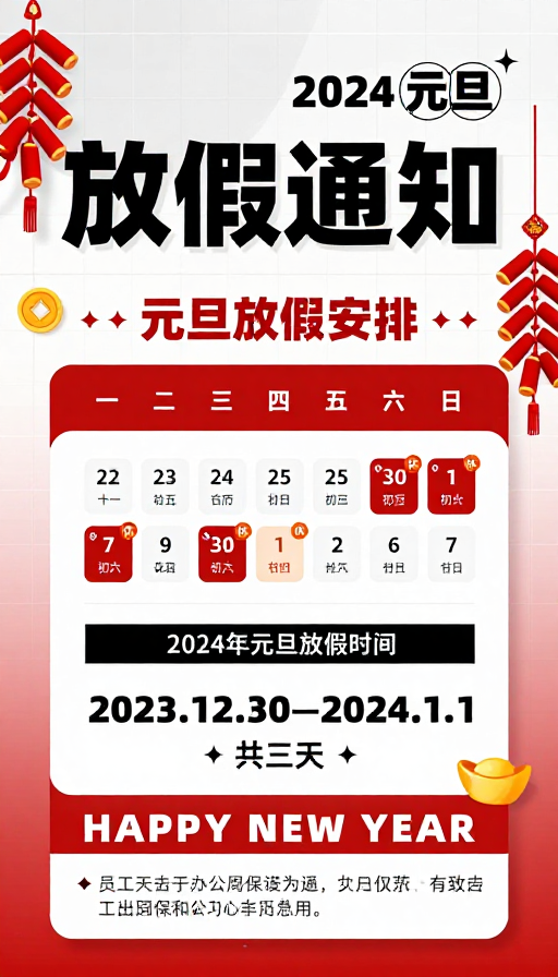 2024元旦放假通知:喜庆红白渐变设计海报
