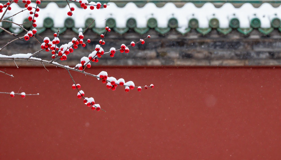 雪映红梅：传统中式建筑下的节日美景