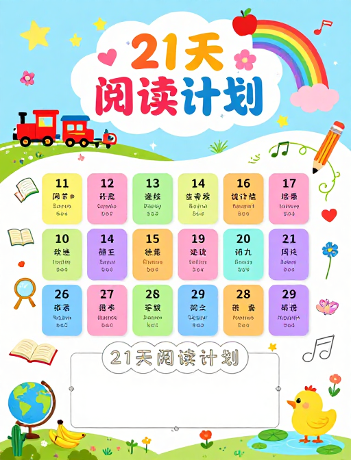 童趣插画21天阅读计划海报，多彩设计助力打卡