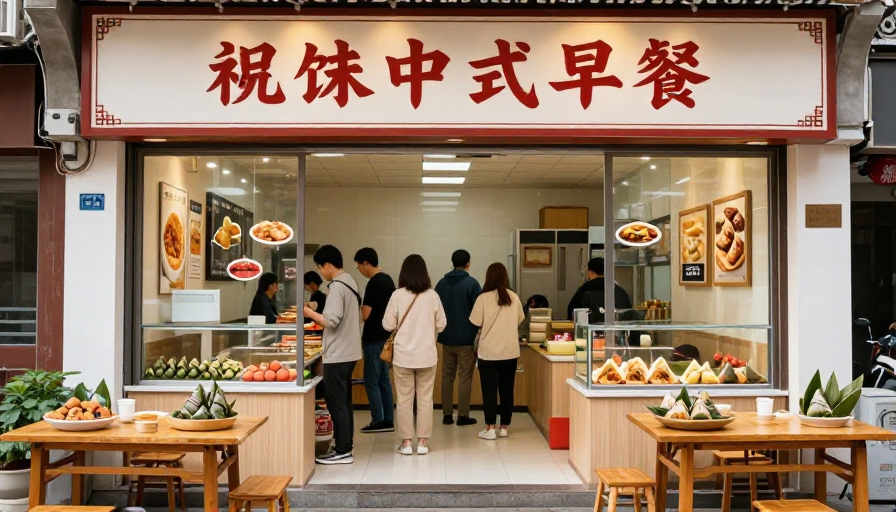 传统中式早餐店热闹清晨：美味粽子排队热销