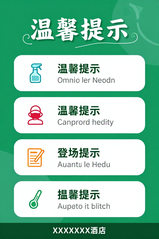 绿色温馨提示海报：酒店防疫与注意事项