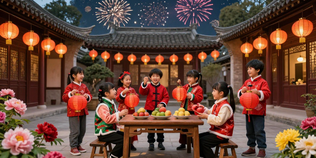 春节庆典:中式庭院中的童趣与年味