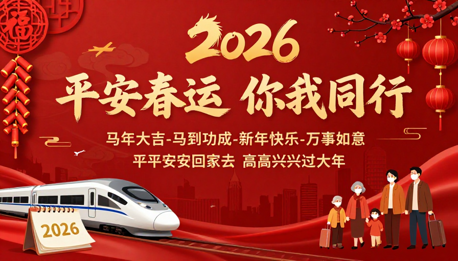 2026马年平安春运 团圆喜庆红金中国风海报