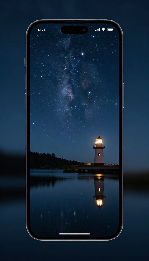 星空湖泊与灯塔:静谧夜色的唯美壁纸