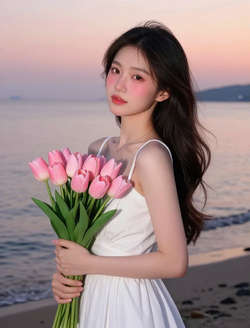 暮色海岸：白衣少女捧粉郁金香的静谧之美