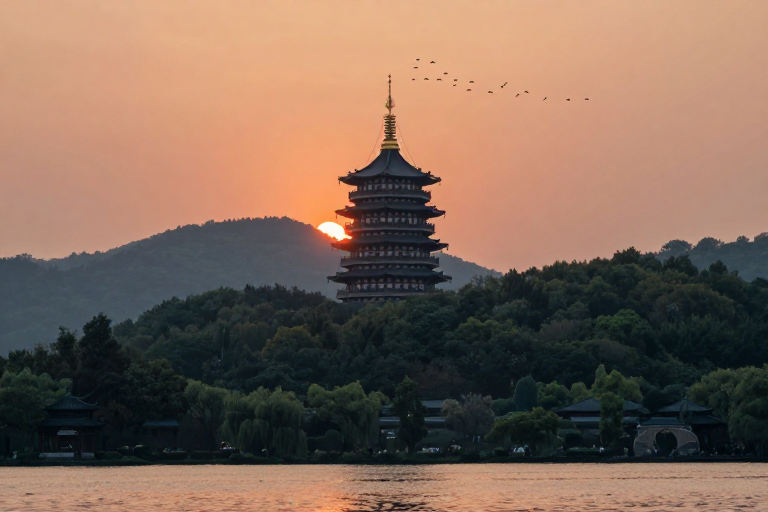 雷峰塔夕阳金辉：高清实景摄影展现古塔韵味