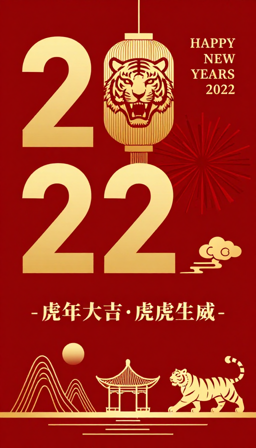 2022虎年新岁：金色喜庆中式新年贺图