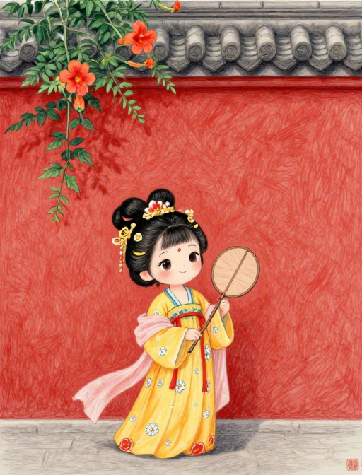 古韵唐少女与凌霄花:彩铅画风