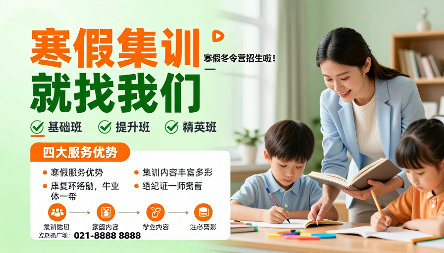 清新橙绿教育海报:寒假集训温暖启航