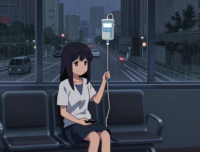 雨夜医院中的孤独少女：像素风插画