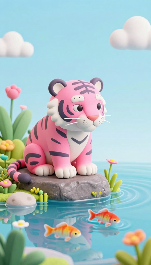 粉虎静坐赏鱼，几米风3D微景