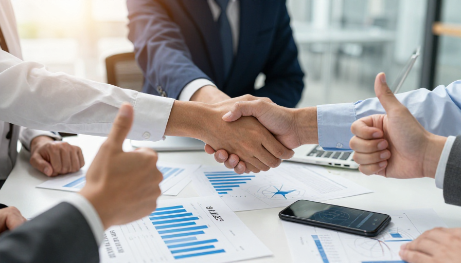 商务握手签约，数据图表彰显合作成果