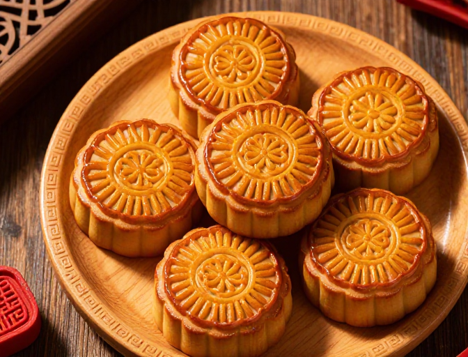 金黄广式月饼俯拍：中秋佳节传统美味