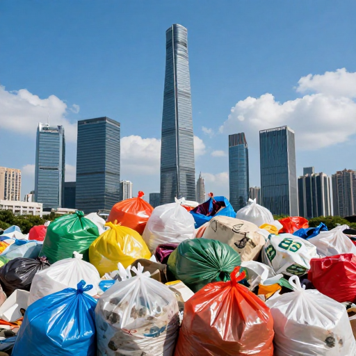 塑料垃圾与都市天际线的视觉警示