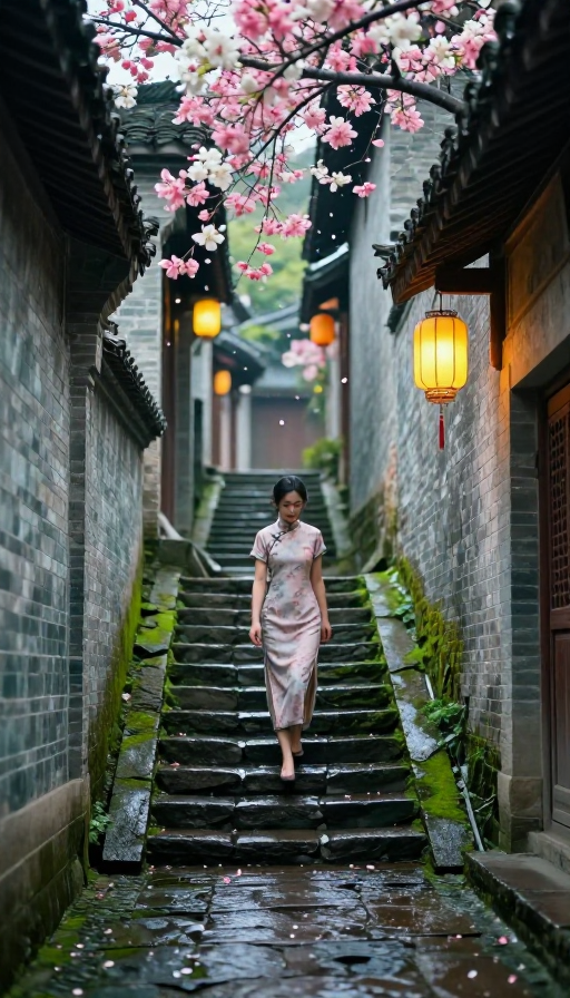 青石阶梯上的旗袍美人:古镇奇幻梦境