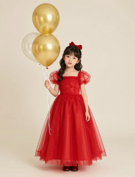 金球映衬红纱裙，小女孩生日写真璀璨如童话