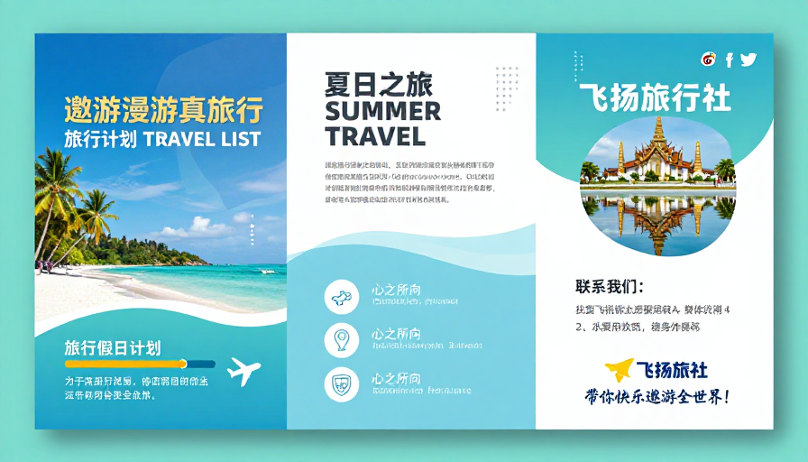 现代简约蓝绿渐变旅游宣传三折页