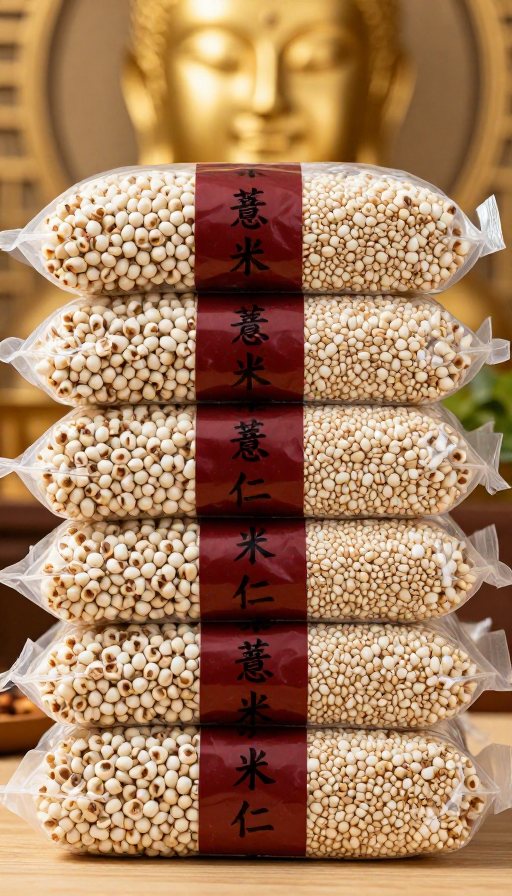 高端薏米仁六大袋堆叠展示 饱满颗粒近景特写