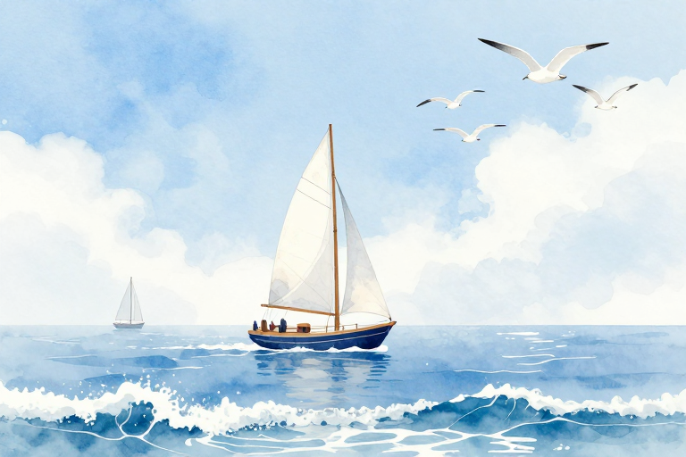 清新水彩海景插画：双帆帆船乘风破浪